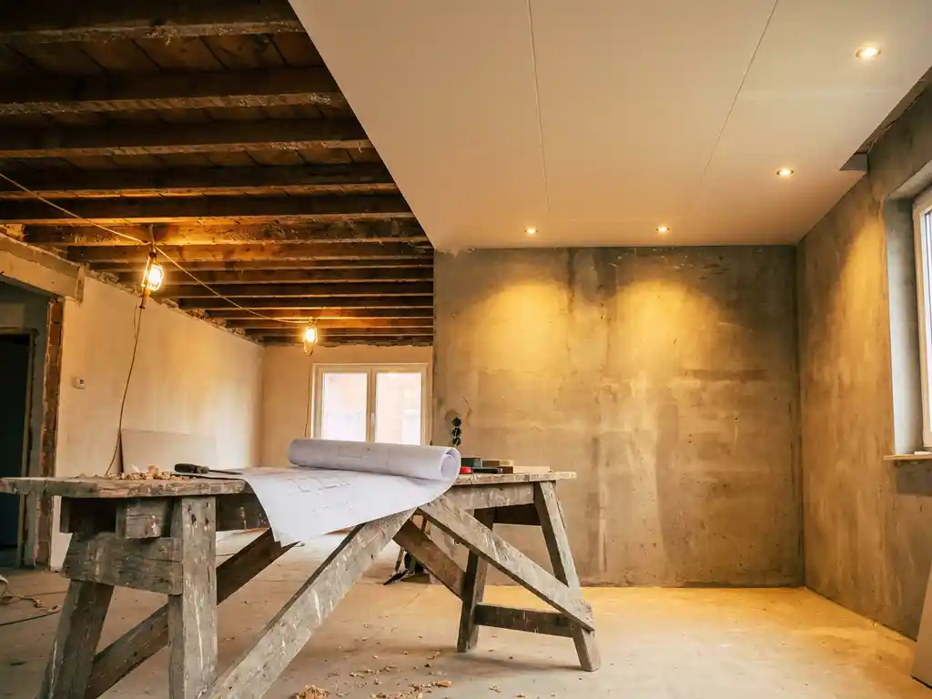 Halfgerenoveerde woonkamer met zichtbare dakbalken naast nieuw ingebouwde LED-spots, verlichtingsplan op een zaagbok, warm amberkleurig licht op ruwe pleisterwanden.