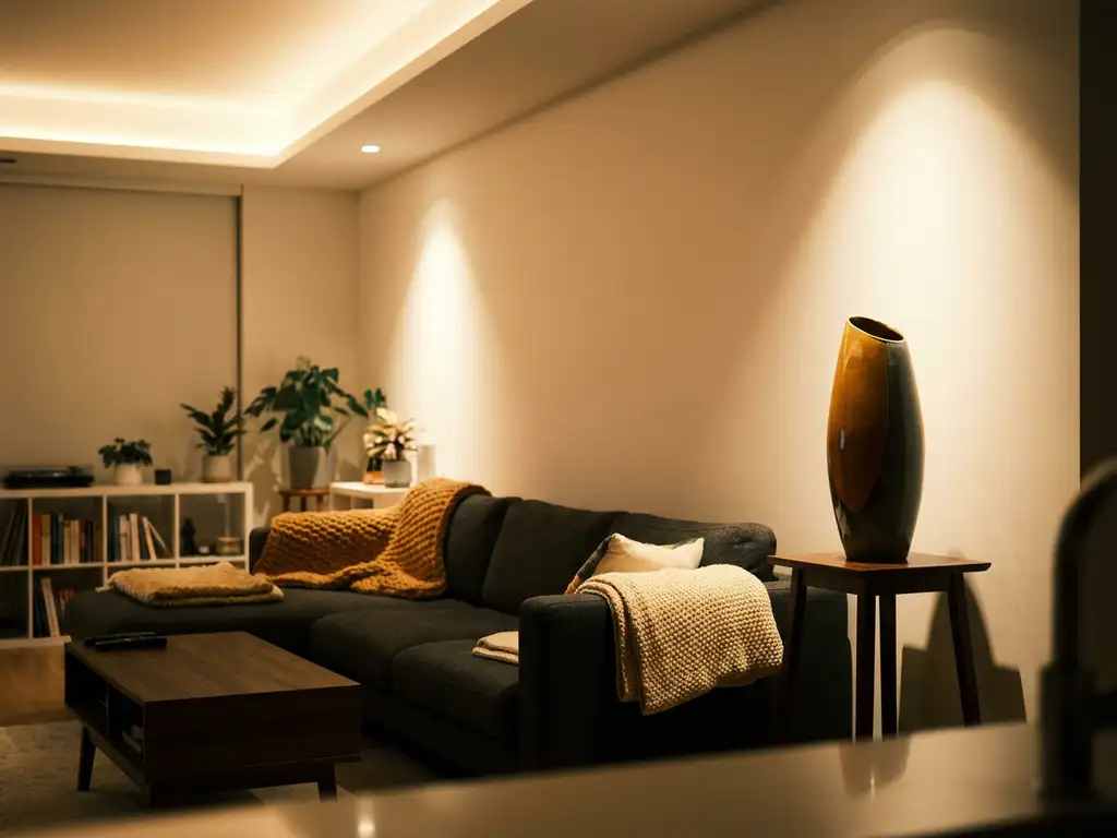 Moderne woonkamer met warme ivoorkleurige sfeerverlichting en spotlight op sculpturaal vaasje, rijke amber- en houtskoolcontrasten.