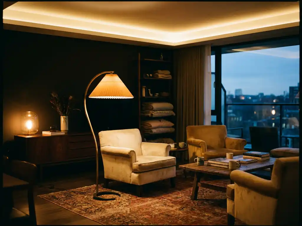 Gelaagde verlichting in een sfeervolle woonkamer met vloerlamp, inbouwspots en tafellamp in warme gouden tinten.