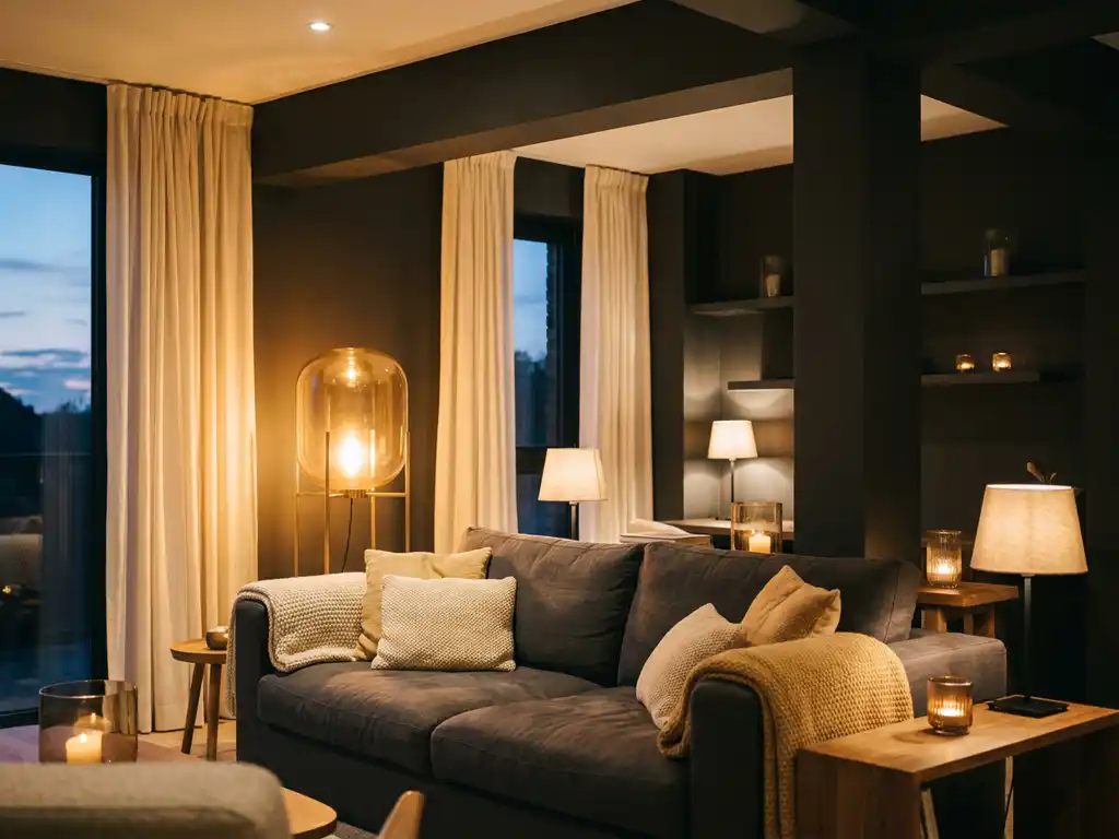 Moderne woonkamer in schemerlicht met sculpturele vloerlamp die warm amber licht werpt over een linnen bank.