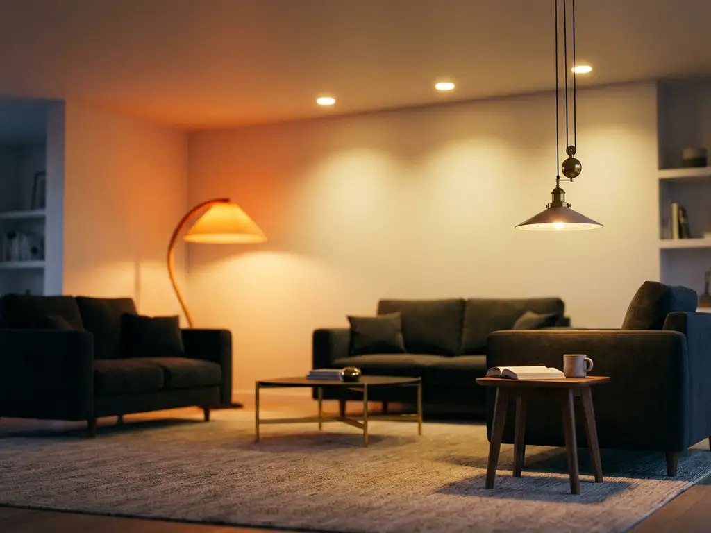 Moderne woonkamer met gelaagde verlichting: vloerlamp, inbouwspots en hanglamp in warme amber- en houtskoolkleurige tinten.
