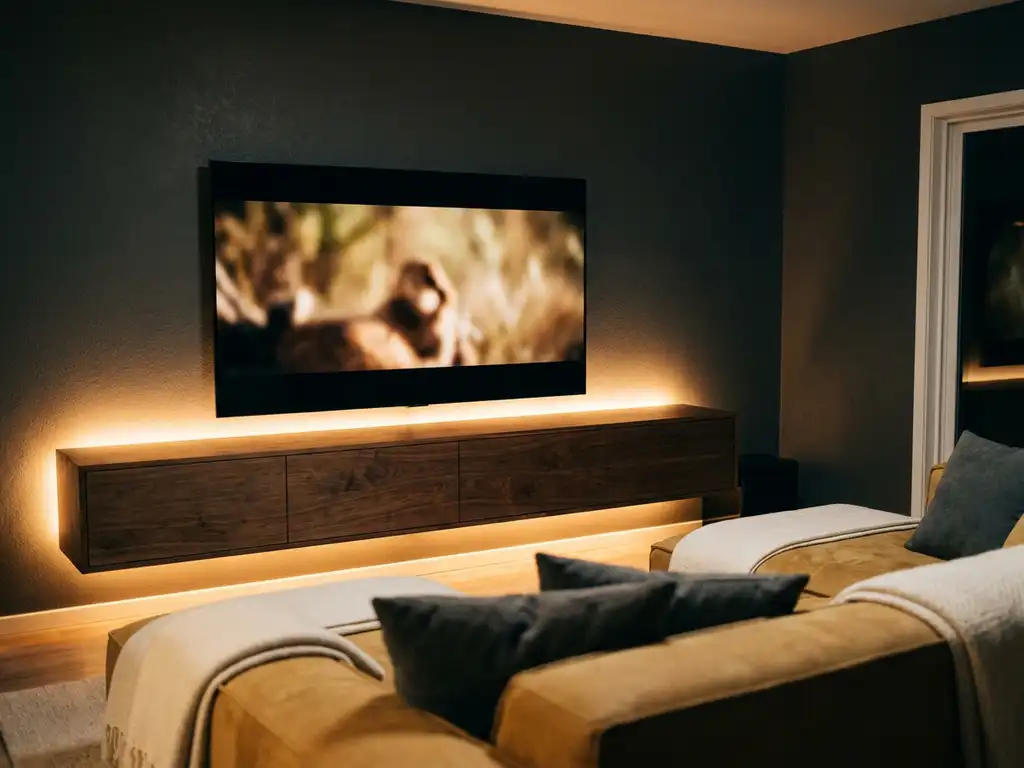 Zwevend donkerhouten tv-meubel met warme amber LED-strips, lage hoekbank op de voorgrond, gouden en antraciet tinten in gezellige woonkamer.