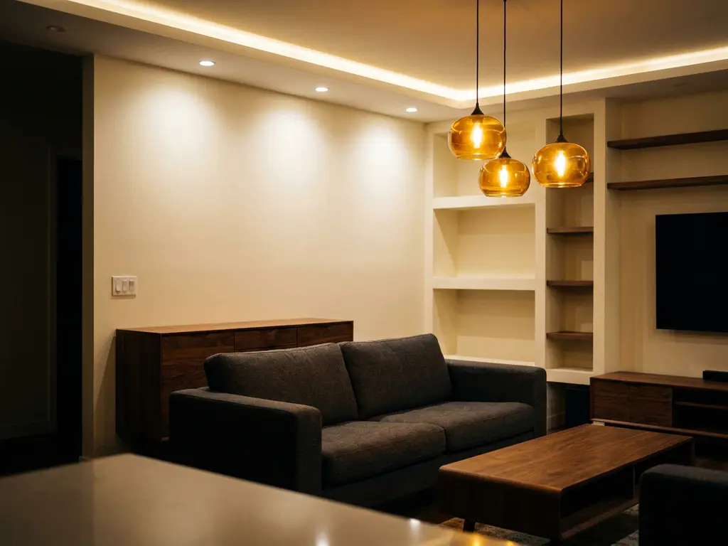 Moderne woonkamer met warm amber hanglampen boven designbank, gelaagde inbouwspots en walnoot accenten in professioneel verlichtingsplan.