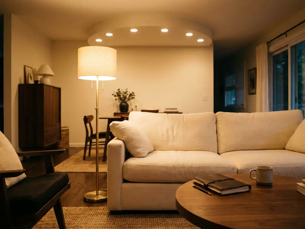 Warme woonkamer met gelaagde gouden verlichting, vloerlamp naast linnen bank, inbouwspots in boogvorm en notitieboek op salontafel.