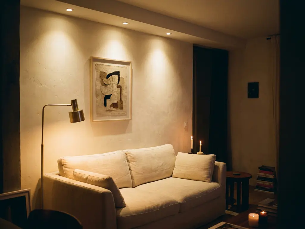 Compacte woonkamer met gelaagde warme sfeerverlichting, vloerlamp naast linnen bank en inbouwspots op getextureerde witte muur.