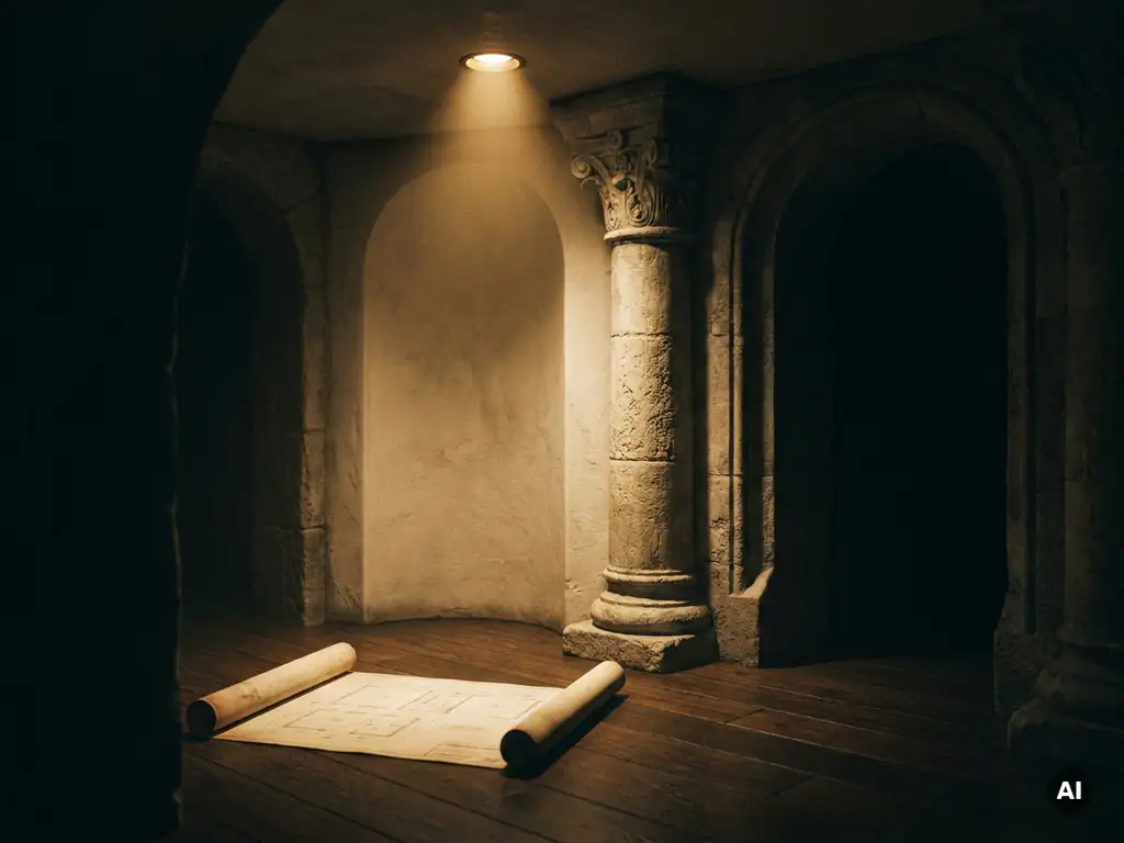Warme spots verlichten een sierlijke stenen zuil in een dramatisch interieur, met een opgerold lichtplan op de donkere eiken vloer.