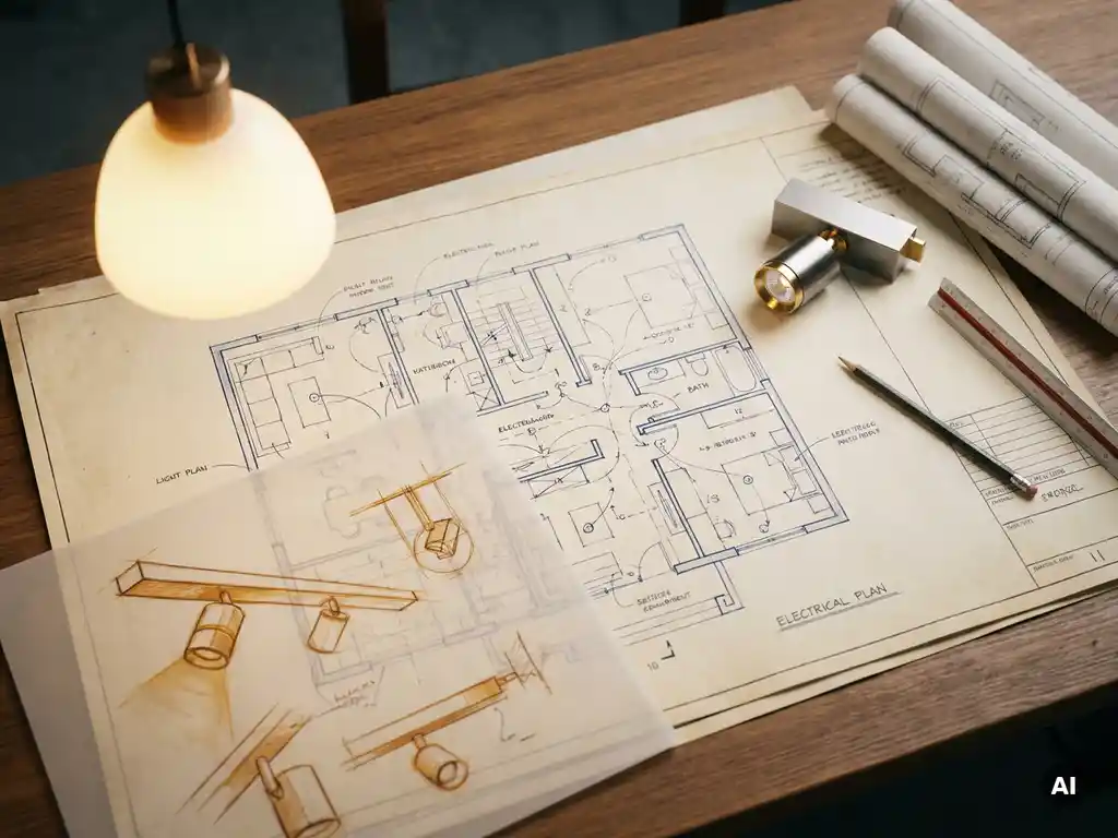 Handgetekend elektrisch plattegrond van nieuwbouwwoning op architectenbureau met LED-armatuur en verlichtingsontwerp in gouden tinten.