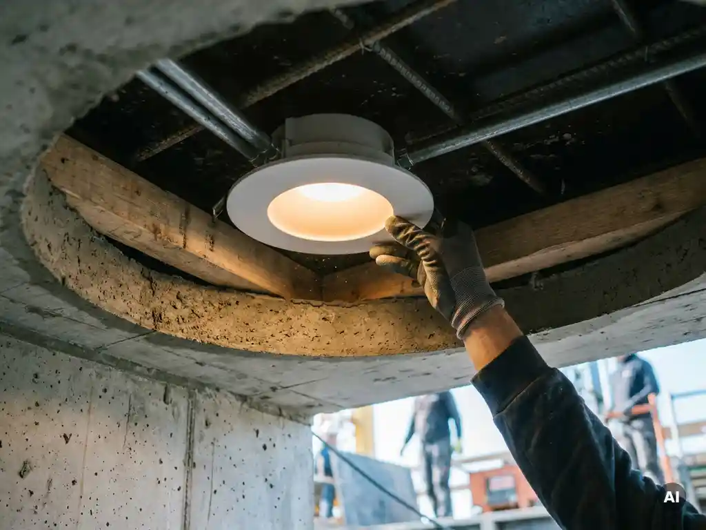 Inbouwspot geplaatst in vers betonnen bekisting, elektrische leidingen zichtbaar in ruwe plafondholte op actieve bouwplaats.