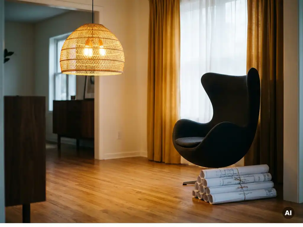 Gedeeltelijk ingerichte woonkamer met hanglamp, designfauteuil en opgerolde plattegrond in warme amber- en crèmetinten.