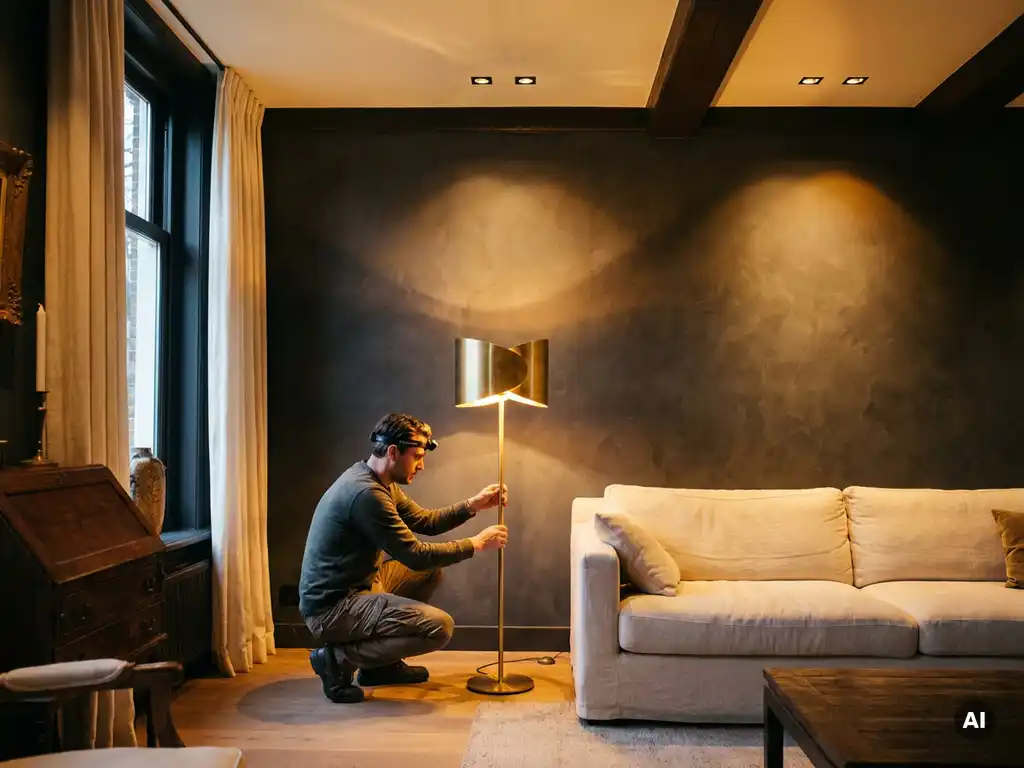 Verlichtingsspecialist naast een schemerlamp in een elegante Nederlandse woonkamer met gelaagde warme verlichting en linnen bank.