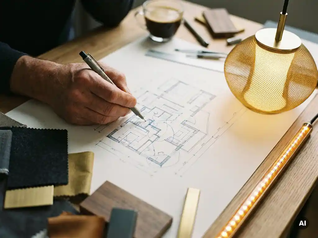 Verlichtingsontwerper schetst plattegrond omringd door materiaalstalen, hanglamp prototype en LED-strip met warm amberkleurig licht.