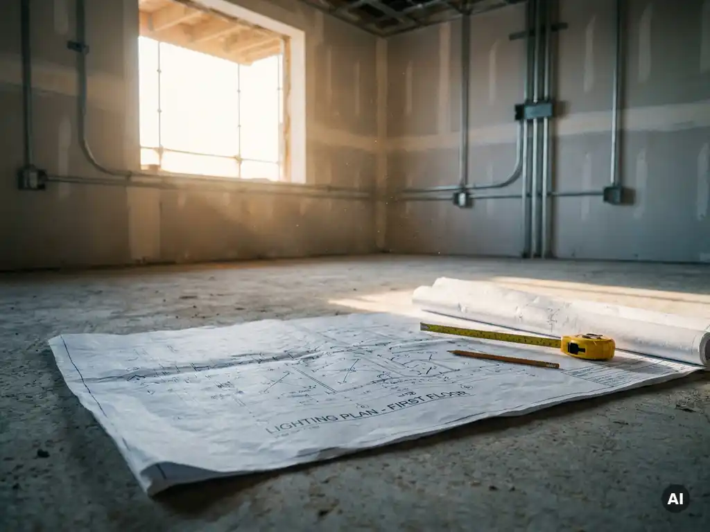 Verlichtingsplan blauwdruk op betonvloer van nieuwbouwwoning met potlood en meetlint, blootliggende elektrische leidingen op achtergrond.