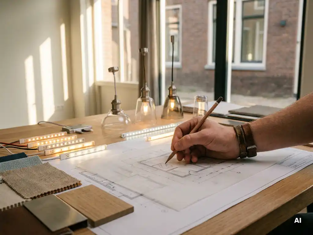 Verlichtingsspecialist schetst plattegrond op kalkpapier, omringd door materiaaltegels en hanglampstalen op een architectenbureau.