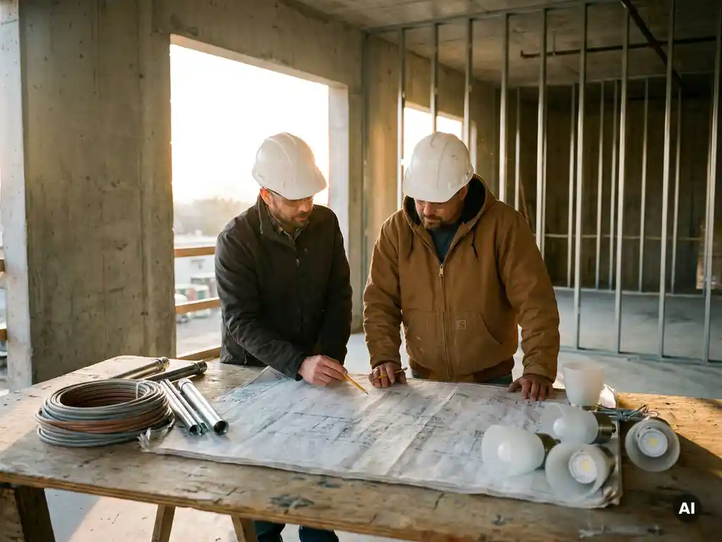Verlichtingsspecialist en aannemer bestuderen architectonisch vloerplan op bouwplaats, omringd door lichtarmaturen en kabelstalen.