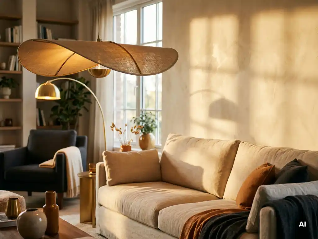 Sculptuurachtige hanglamp met amberkleurig licht boven linnen bank in warme woonkamer met gepleisterde muur en vloerlamp op de achtergrond.